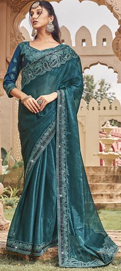 Festive, Party Wear, Reception Blue color Saree in Shimmer fabric with Classic Embroidered, Thread work : 1926367