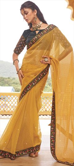 Festive, Party Wear, Reception Yellow color Saree in Shimmer fabric with Classic Embroidered, Swarovski, Thread work : 1926369