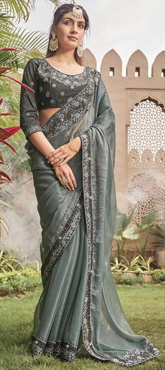Festive, Party Wear, Reception Black and Grey color Saree in Shimmer fabric with Classic Embroidered, Thread work : 1926370