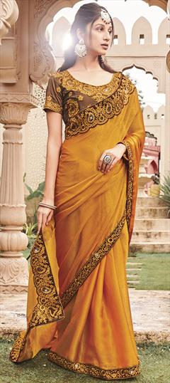 Festive, Party Wear, Reception Yellow color Saree in Shimmer fabric with Classic Embroidered, Thread work : 1926372