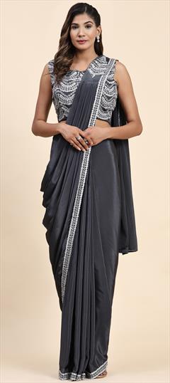 Festive, Reception, Wedding Black and Grey color Readymade Saree in Satin Silk fabric with Classic Embroidered, Sequence work : 1926376