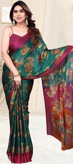 Casual, Party Wear Blue color Saree in Faux Chiffon fabric with Classic Floral, Printed work : 1926380