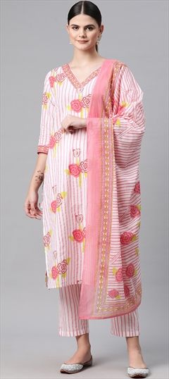 Festive, Summer Pink and Majenta, White and Off White color Salwar Kameez in Cotton fabric with Straight Printed, Sequence work : 1926382