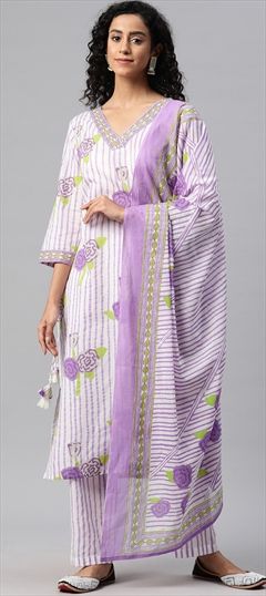Festive, Summer Purple and Violet, White and Off White color Salwar Kameez in Cotton fabric with Straight Printed, Sequence work : 1926383