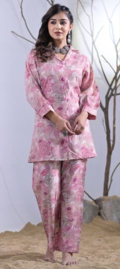 Festive, Summer Pink and Majenta color Co-ords Set in Muslin fabric with Printed work : 1926442