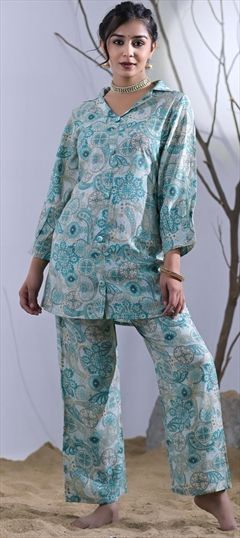 Festive, Summer Blue color Co-ords Set in Muslin fabric with Printed work : 1926443