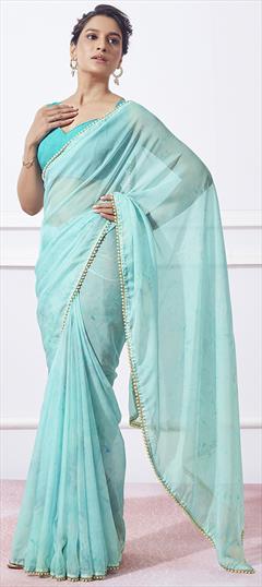 Party Wear, Traditional Blue color Saree in Organza Silk fabric with Classic Lace, Printed work : 1926508