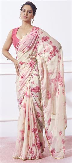 Party Wear, Traditional White and Off White color Saree in Organza Silk fabric with Classic Lace, Printed work : 1926510