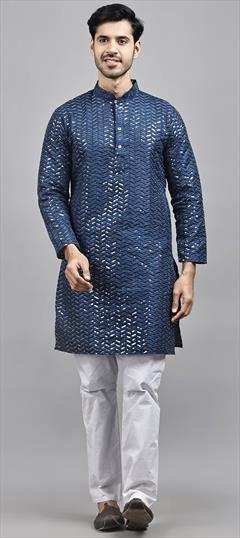 Party Wear Blue color Kurta Pyjamas in Silk fabric with Embroidered, Sequence, Thread work : 1926515