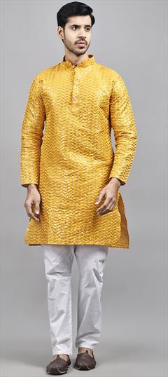 Party Wear Yellow color Kurta Pyjamas in Silk fabric with Embroidered, Sequence, Thread work : 1926516