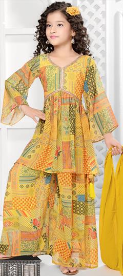 Party Wear Yellow color Kids Salwar in Georgette fabric with Digital Print, Floral work : 1926655