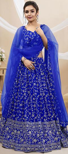 Engagement, Reception, Wedding Blue color Lehenga in Georgette fabric with Flared Embroidered, Sequence, Thread, Zari work : 1926663