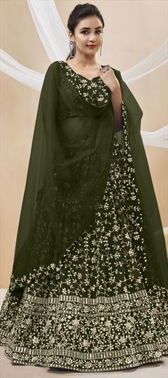 Engagement, Reception, Wedding Green color Lehenga in Georgette fabric with Flared Embroidered, Sequence, Thread, Zari work : 1926664