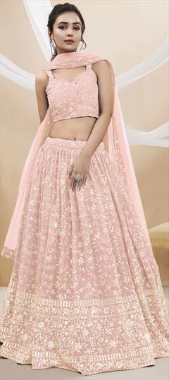Engagement, Reception, Wedding Pink and Majenta color Lehenga in Georgette fabric with Flared Embroidered, Sequence, Thread, Zari work : 1926665