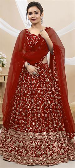 Engagement, Reception, Wedding Red and Maroon color Lehenga in Georgette fabric with Flared Embroidered, Sequence, Thread, Zari work : 1926668