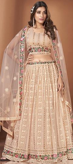 Engagement, Reception, Wedding Beige and Brown color Ready to Wear Lehenga in Georgette fabric with Flared Embroidered, Resham, Sequence, Thread work : 1926682