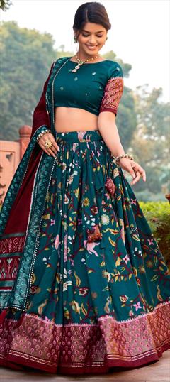 Festive, Traditional Blue color Lehenga in Tussar Silk fabric with Flared Foil Print, Printed work : 1926697