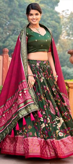 Festive, Traditional Green color Lehenga in Tussar Silk fabric with Flared Foil Print, Printed work : 1926698