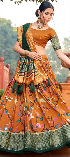 Festive, Traditional Yellow color Lehenga in Tussar Silk fabric with Flared Foil Print, Printed work : 1926699