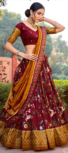 Festive, Traditional Red and Maroon color Lehenga in Tussar Silk fabric with Flared Foil Print, Printed work : 1926700
