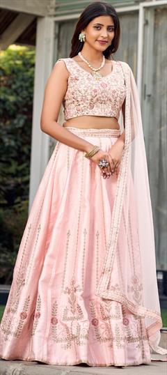 Mehendi Sangeet, Reception, Wedding Pink and Majenta color Lehenga in Art Silk fabric with Flared Embroidered, Resham, Thread, Zari work : 1926704