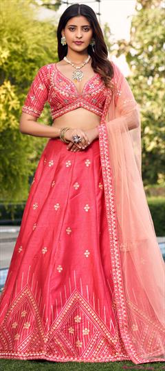 Mehendi Sangeet, Reception, Wedding Pink and Majenta color Lehenga in Art Silk fabric with Flared Embroidered, Resham, Sequence, Thread work : 1926707
