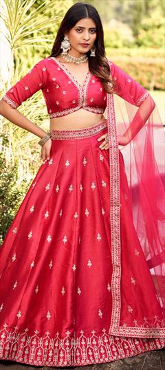 Mehendi Sangeet, Reception, Wedding Red and Maroon color Lehenga in Art Silk fabric with Flared Embroidered, Resham, Thread work : 1926710