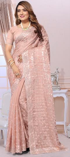 Engagement, Reception, Wedding Pink and Majenta color Saree in Shimmer fabric with Classic Embroidered, Resham, Sequence, Stone, Zari, Zircon work : 1926746