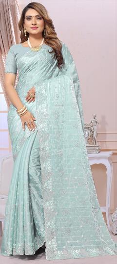 Engagement, Reception, Wedding Blue color Saree in Shimmer fabric with Classic Embroidered, Resham, Sequence, Stone, Zari, Zircon work : 1926749