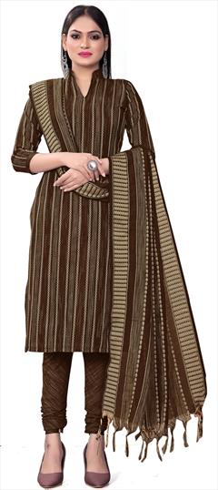 Casual Beige and Brown color Salwar Kameez in Cotton fabric with Churidar, Straight Weaving work : 1926788