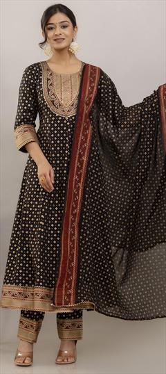 Festive, Party Wear, Reception Black and Grey color Salwar Kameez in Rayon fabric with Anarkali Embroidered, Gota Patti, Printed work : 1926800