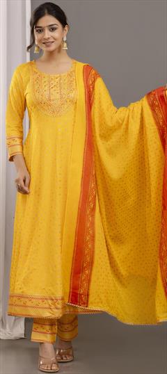 Festive, Party Wear, Reception Yellow color Salwar Kameez in Rayon fabric with Anarkali Embroidered, Gota Patti, Printed work : 1926803