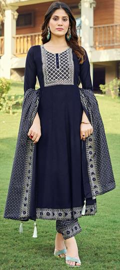 Casual, Party Wear Blue color Salwar Kameez in Rayon fabric with Anarkali Embroidered, Printed, Thread work : 1926821