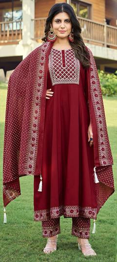Casual, Party Wear Red and Maroon color Salwar Kameez in Rayon fabric with Anarkali Embroidered, Printed, Thread work : 1926822