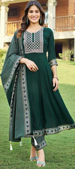 Casual, Party Wear Green color Salwar Kameez in Rayon fabric with Anarkali Embroidered, Printed, Thread work : 1926823