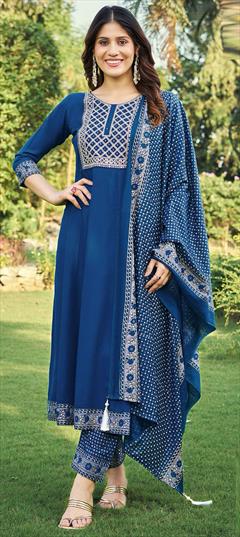 Casual, Party Wear Blue color Salwar Kameez in Rayon fabric with Anarkali Embroidered, Printed, Thread work : 1926825