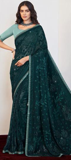 Festive, Party Wear Blue color Saree in Brasso fabric with Classic Lace, Resham, Stone, Thread work : 1926872