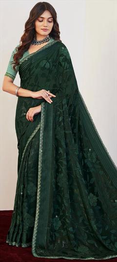 Festive, Party Wear Green color Saree in Brasso fabric with Classic Lace, Resham, Stone, Thread work : 1926874