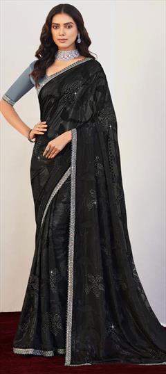 Festive, Party Wear Black and Grey color Saree in Brasso fabric with Classic Lace, Resham, Stone, Thread work : 1926875