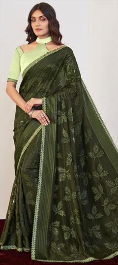 Festive, Party Wear Green color Saree in Brasso fabric with Classic Lace, Resham, Stone, Thread work : 1926876