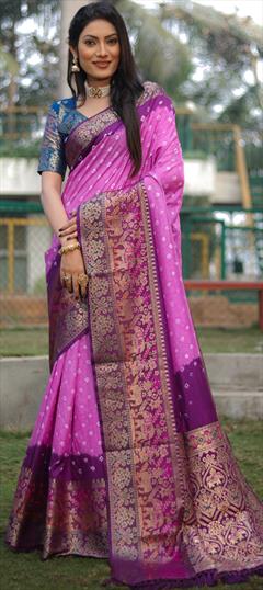 Reception, Traditional Pink and Majenta color Saree in Kanjeevaram Silk fabric with Rajasthani, South Bandhej, Printed, Weaving, Zari work : 1926896
