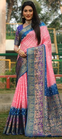 Festive, Reception, Traditional Pink and Majenta color Saree in Kanjeevaram Silk fabric with Rajasthani, South Bandhej, Printed, Weaving, Zari work : 1926898