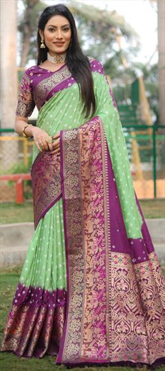 Festive, Reception, Traditional Green, Purple and Violet color Saree in Kanjeevaram Silk fabric with Rajasthani, South Bandhej, Printed, Weaving, Zari work : 1926900