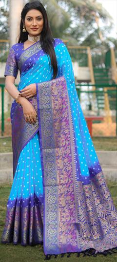 Festive, Reception, Traditional Blue color Saree in Kanjeevaram Silk fabric with Rajasthani, South Bandhej, Printed, Weaving, Zari work : 1926903