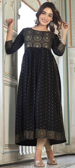 Casual Black and Grey color Kurti in Viscose fabric with A Line, Long Sleeve Printed work : 1926911