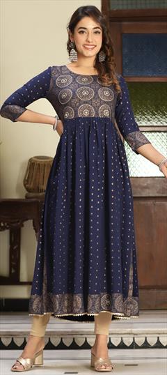 Casual Blue color Kurti in Viscose fabric with A Line Printed work : 1926914