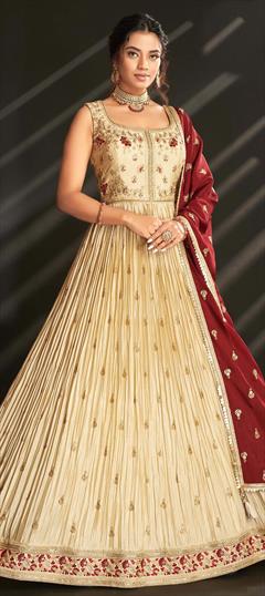 Festive, Reception, Wedding Beige and Brown color Gown in Silk fabric with Embroidered, Resham, Sequence, Thread work : 1926929