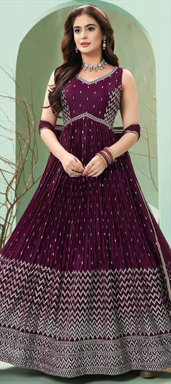 Festive, Reception, Wedding Purple and Violet color Gown in Silk fabric with Embroidered, Resham, Sequence, Thread work : 1926931