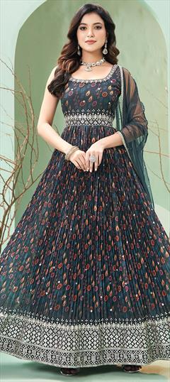 Festive, Reception, Wedding Blue color Gown in Georgette fabric with Embroidered, Printed, Resham, Sequence, Thread work : 1926932