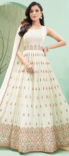 Festive, Reception, Wedding White and Off White color Gown in Georgette fabric with Embroidered, Resham, Sequence, Thread work : 1926935